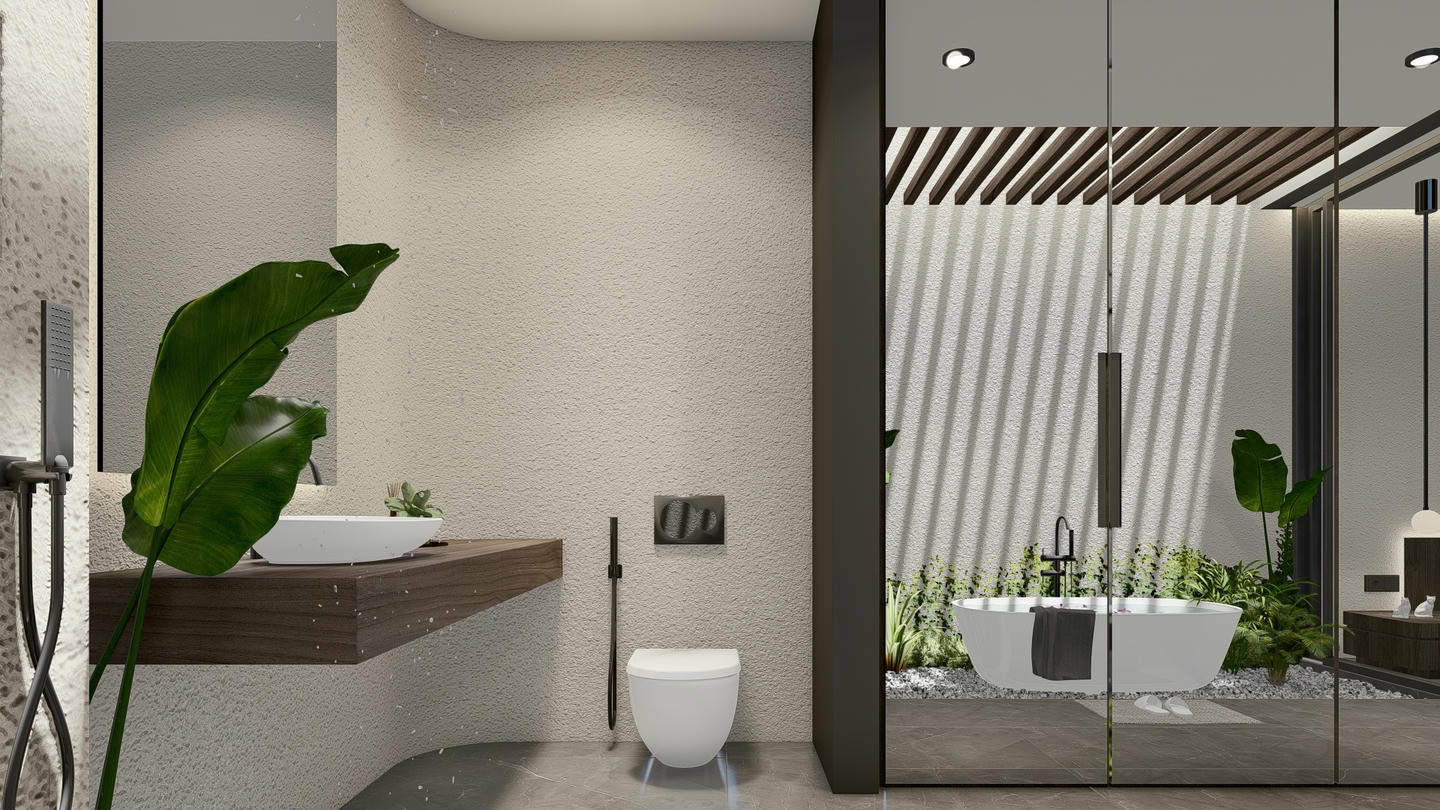 Modern bathroom with plants and freestanding tub