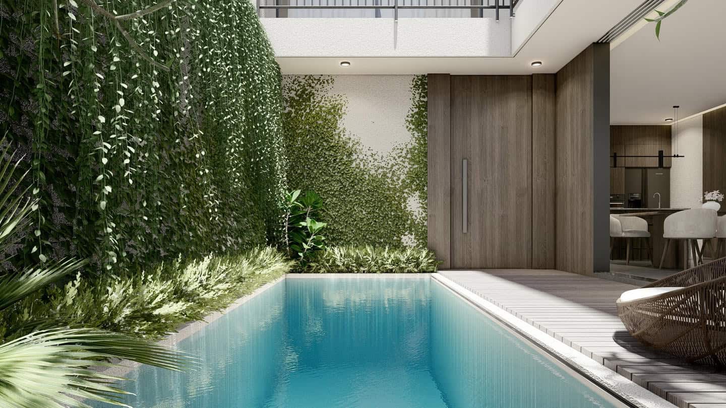 Modern patio with pool and vertical garden