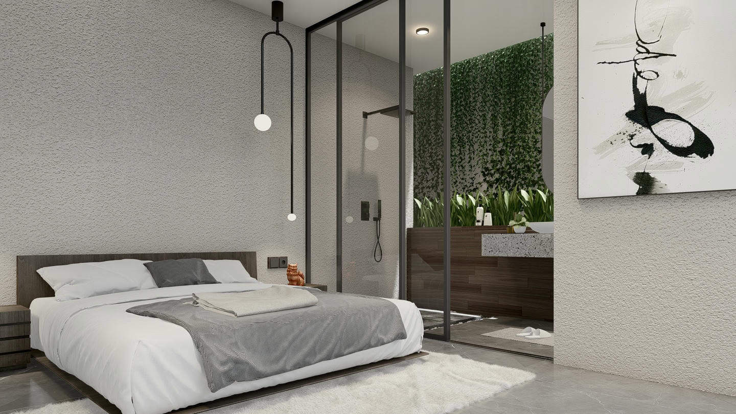 Modern bedroom with bathroom and abstract artwork