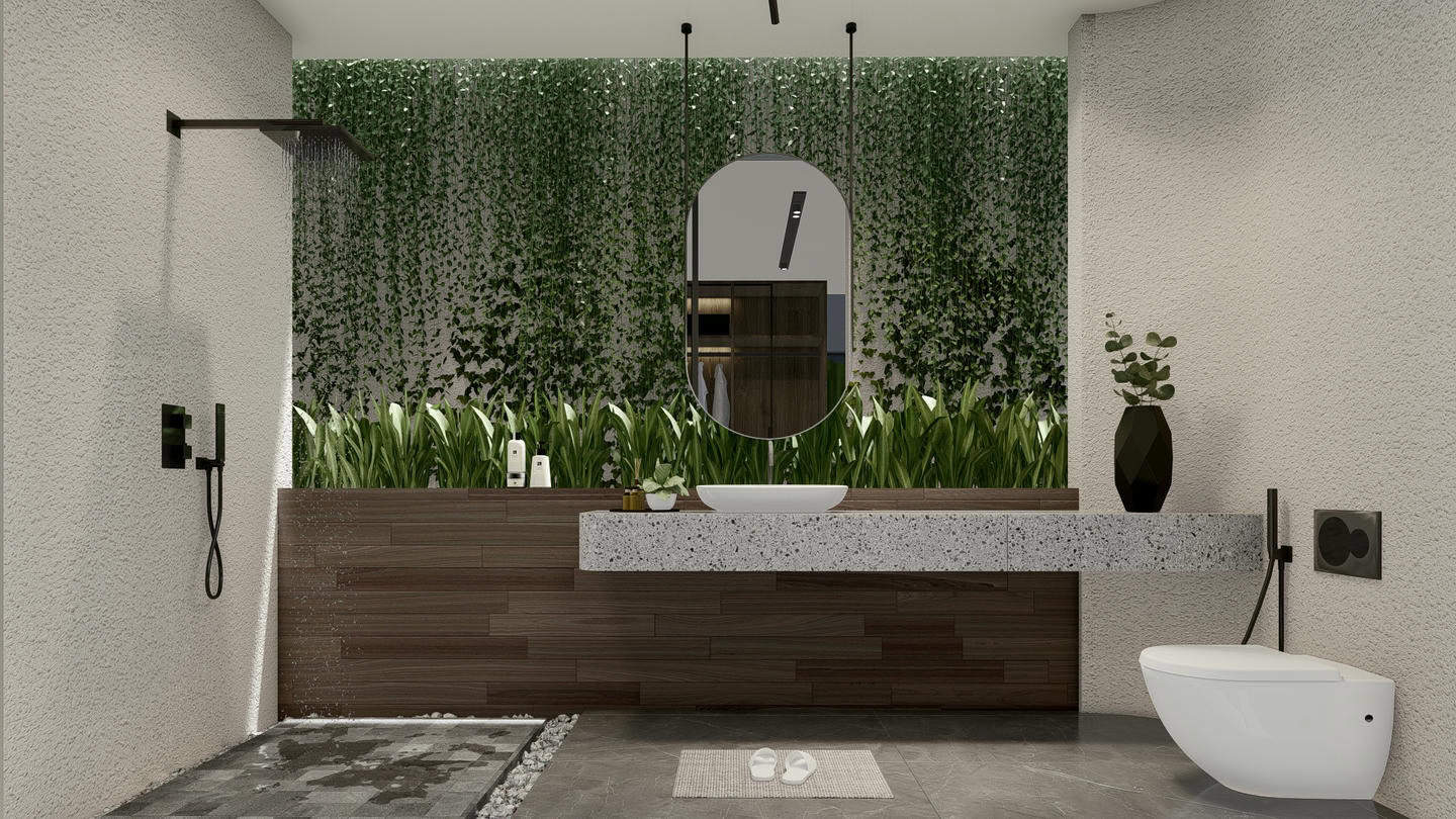 Modern bathroom with plants and rain shower