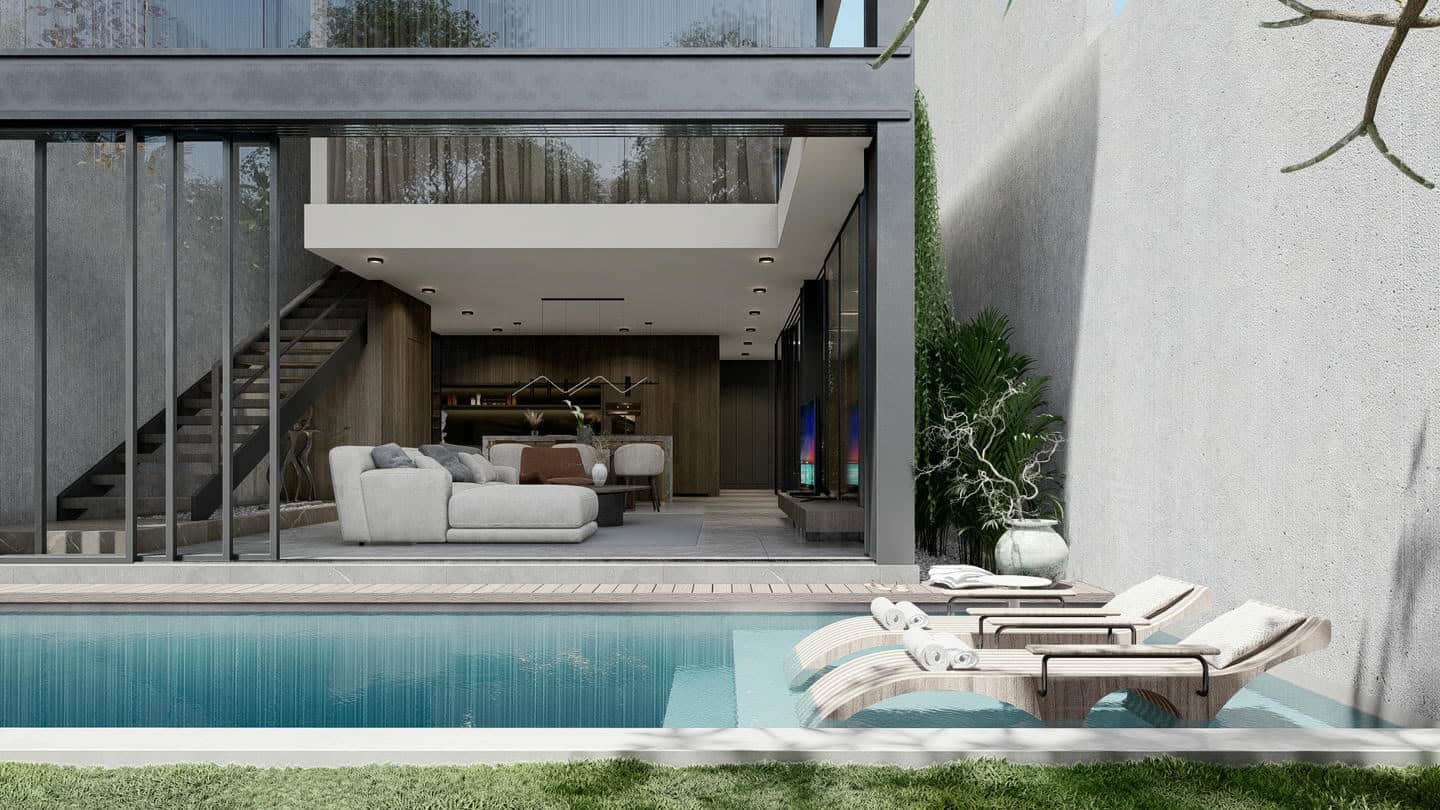 Modern home with pool and lounge chairs