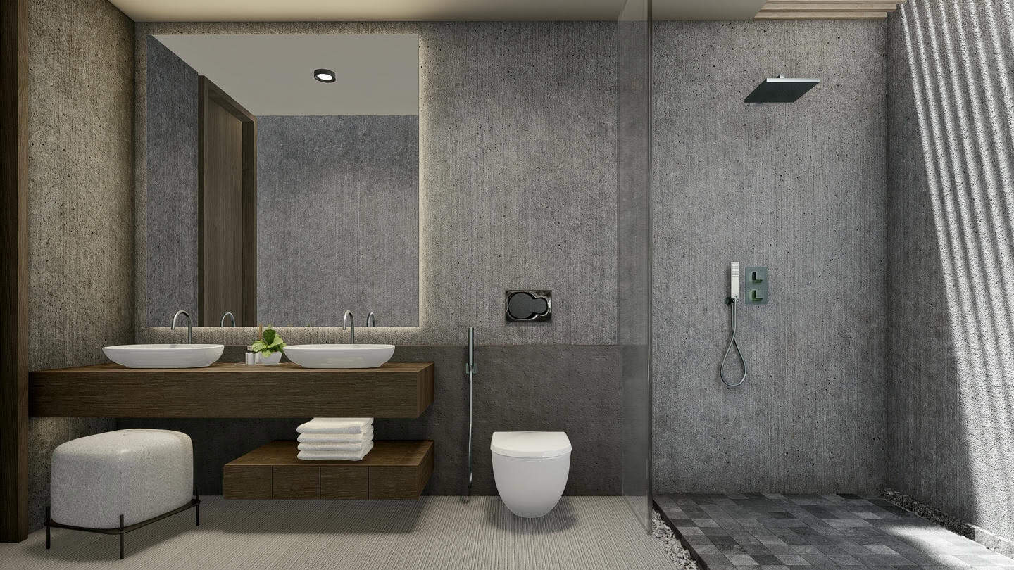 Modern minimalist bathroom with stone walls and fixtures.