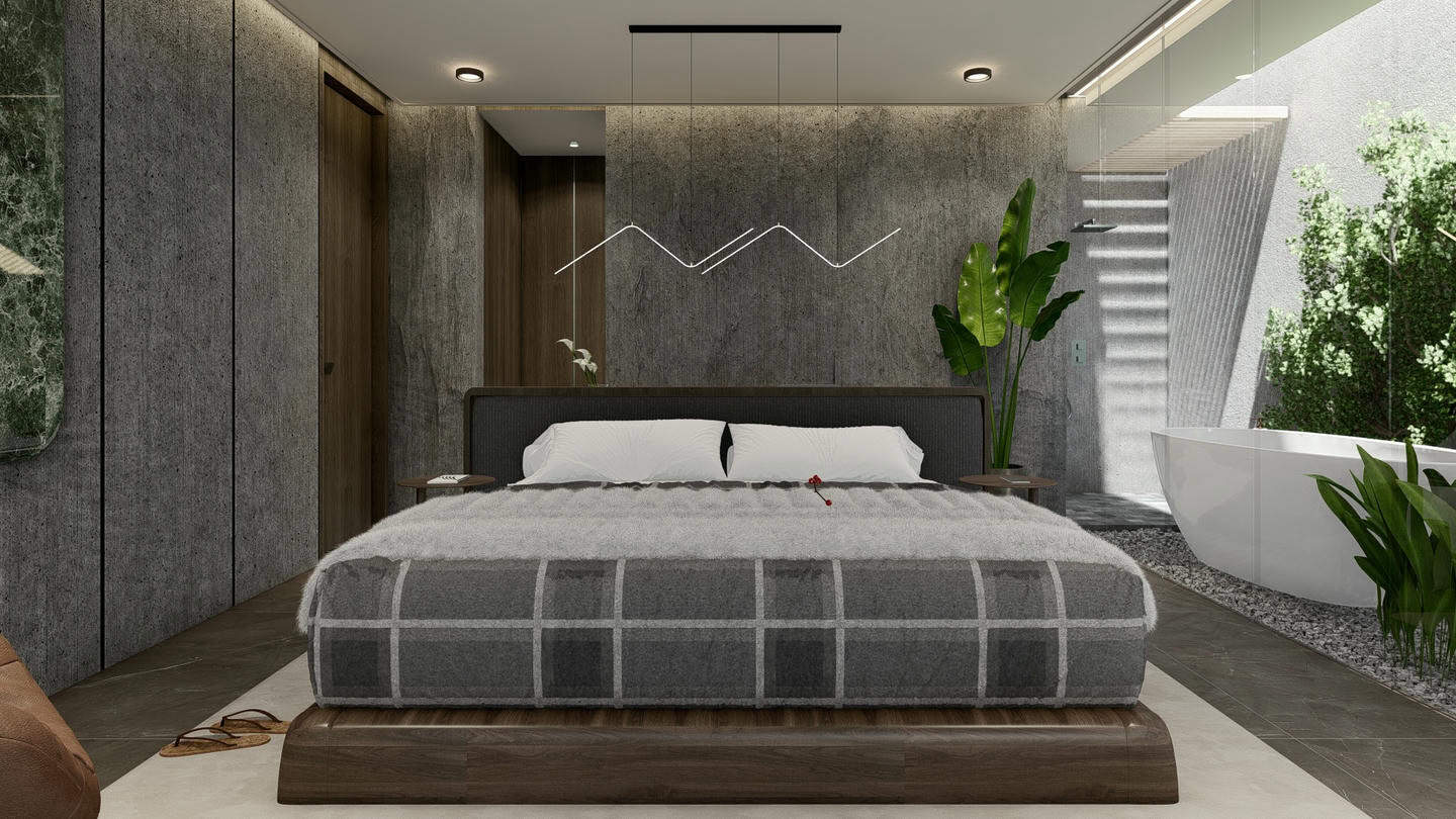 Modern bedroom with bathtub and plants