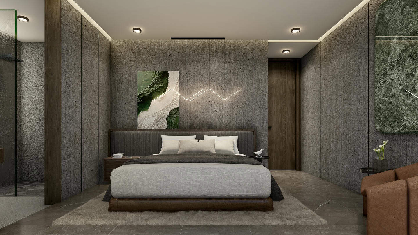 Modern bedroom with gray walls and green accents.