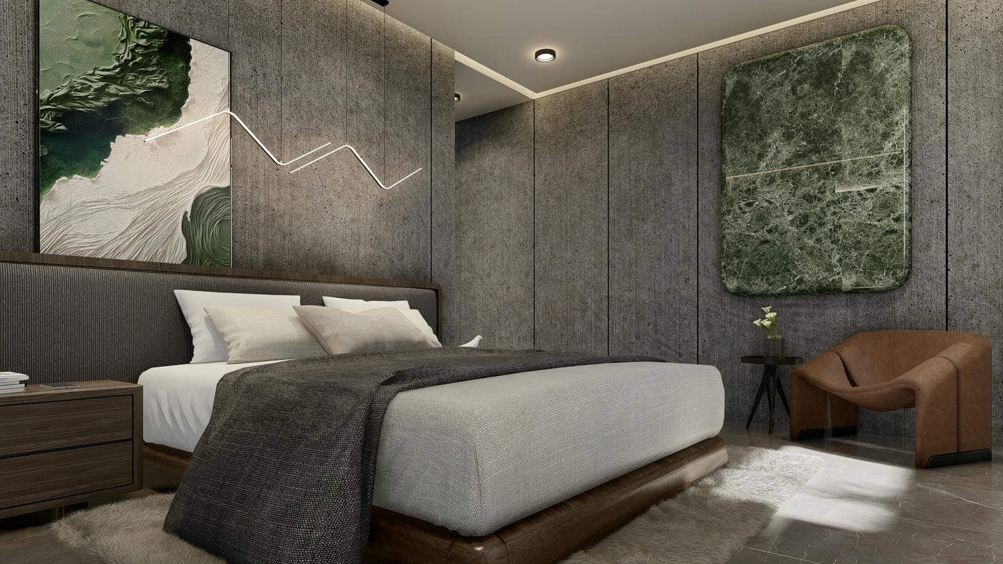 Modern bedroom with abstract wall art and brown chair.