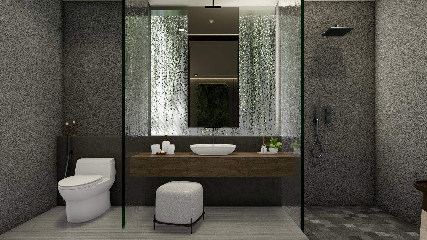Modern bathroom with shower and sink area.