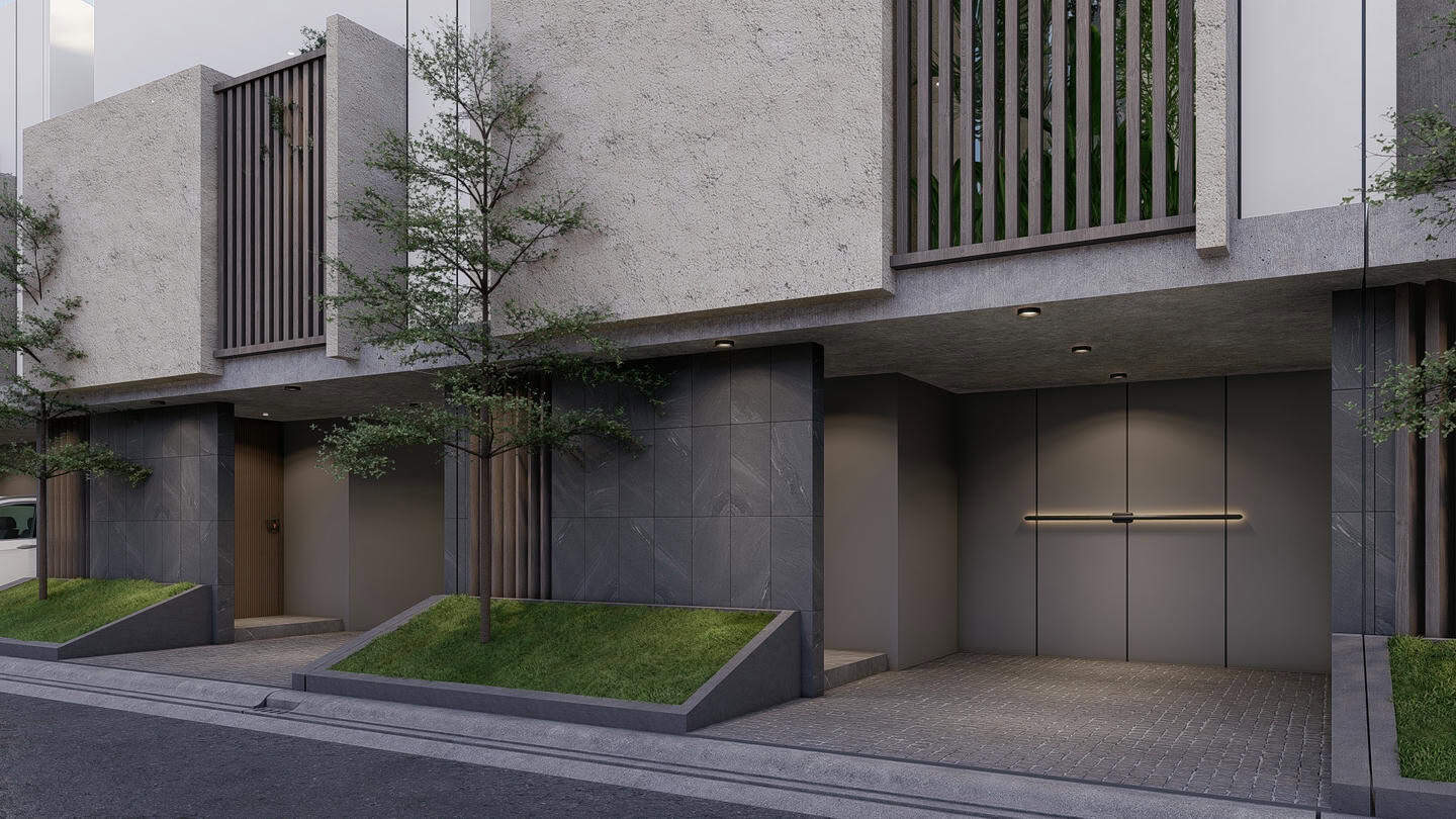 Modern building facade with green landscaping