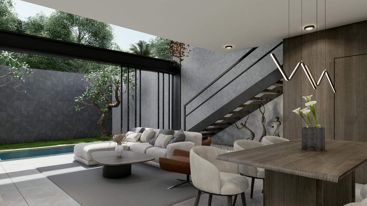 Modern living room with open garden view