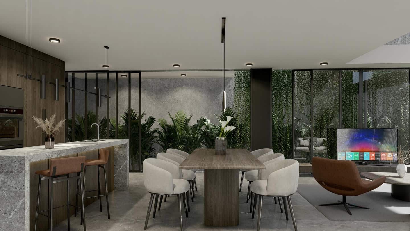 Modern dining room with plants and TV.