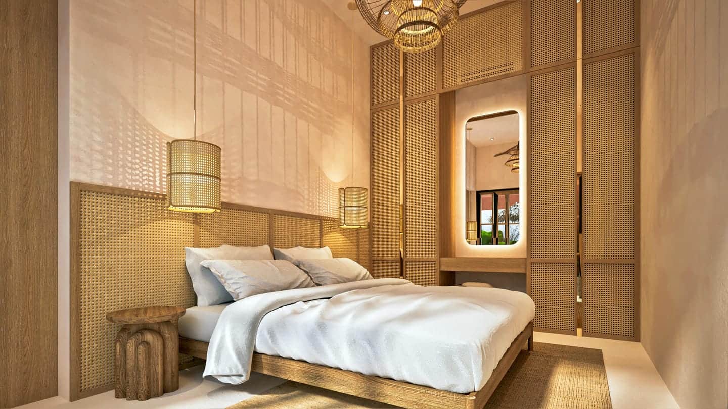 Modern bedroom with wooden decor and lighting.