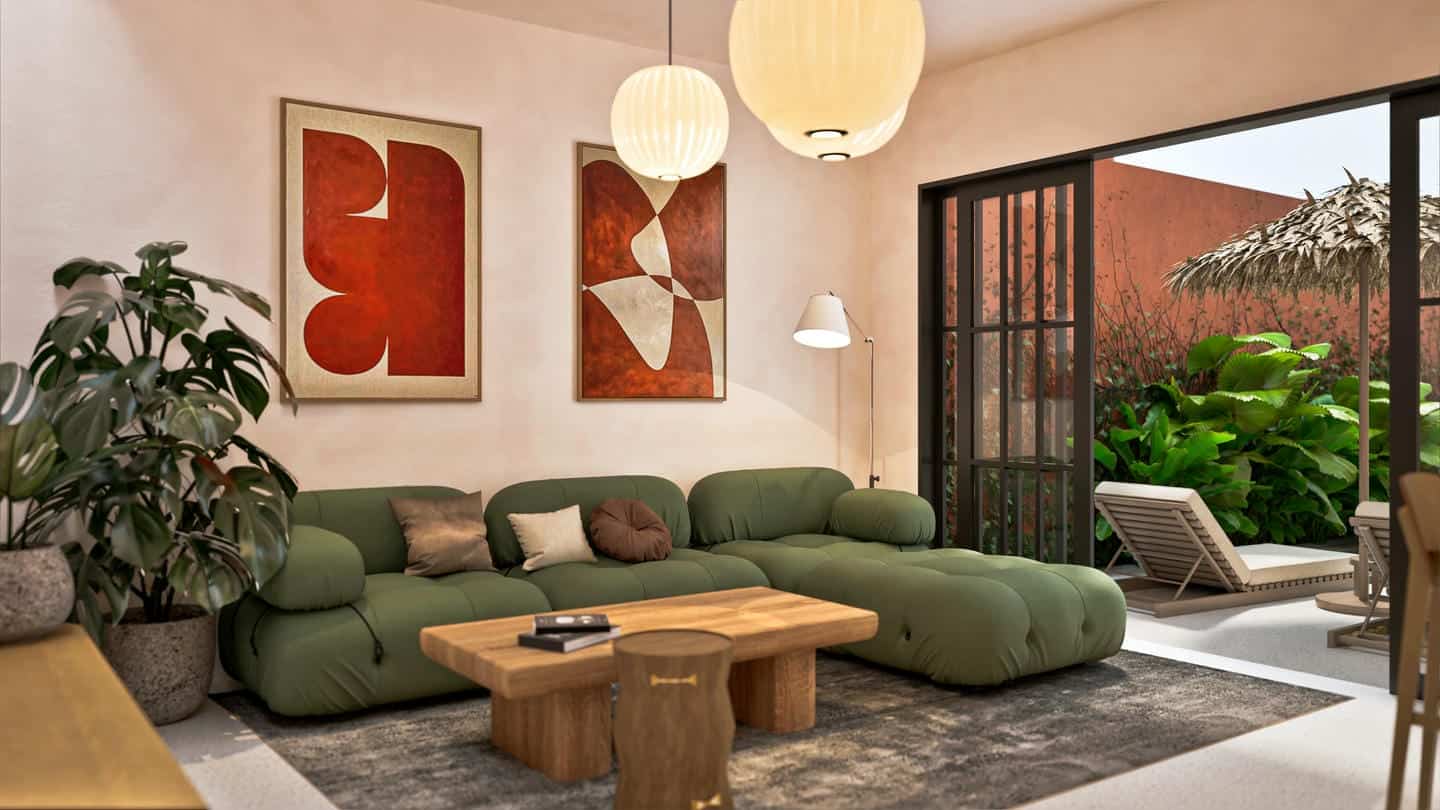 Modern living room with green sofa, wooden table.