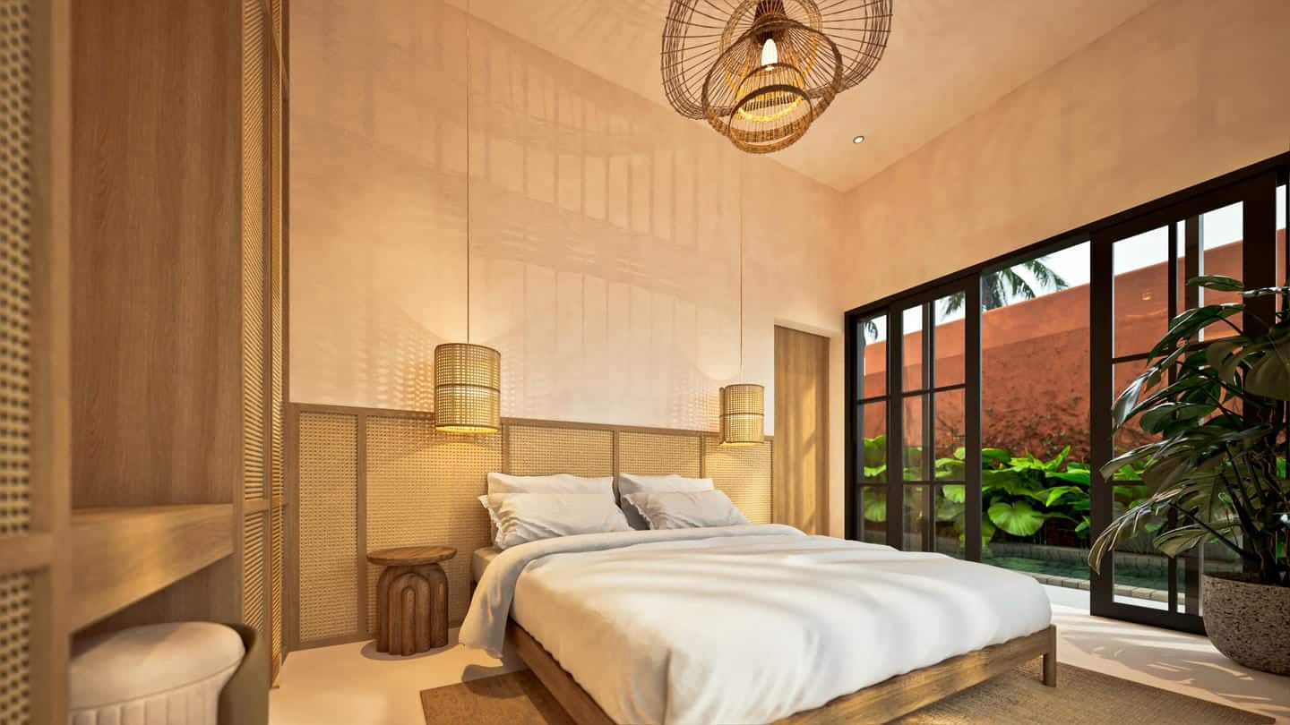 Modern bedroom with wooden furniture and large windows.
