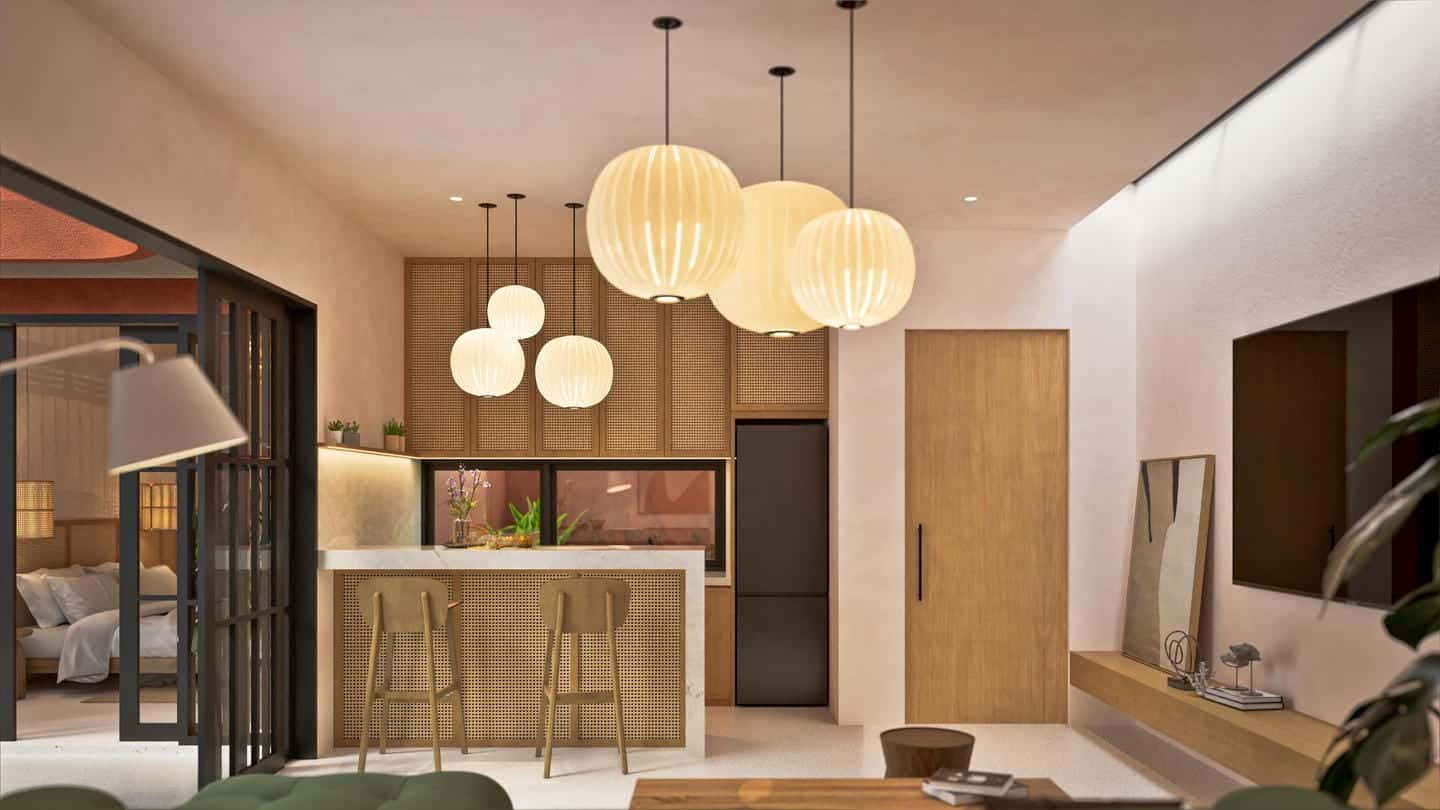 Modern kitchen with pendant lights and wooden accents
