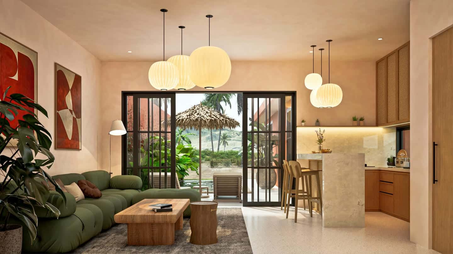 Modern living room with tropical view and decor.