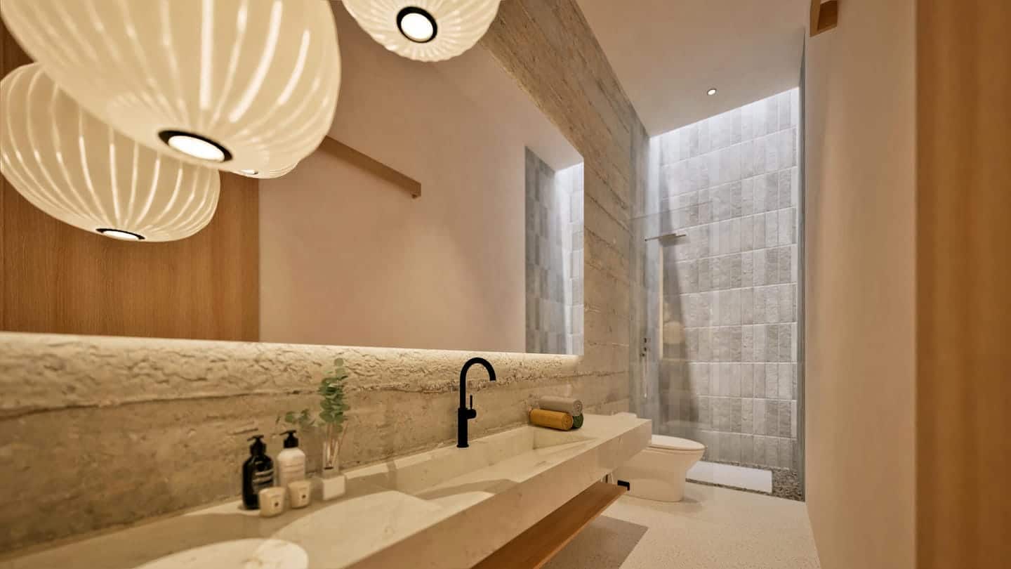 Modern bathroom with stone sink and pendant lights.