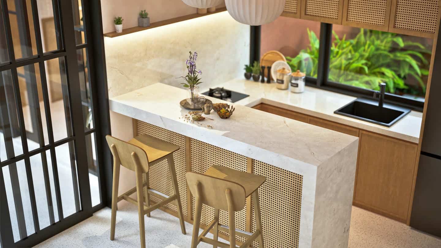 Modern kitchen with island and bar stools