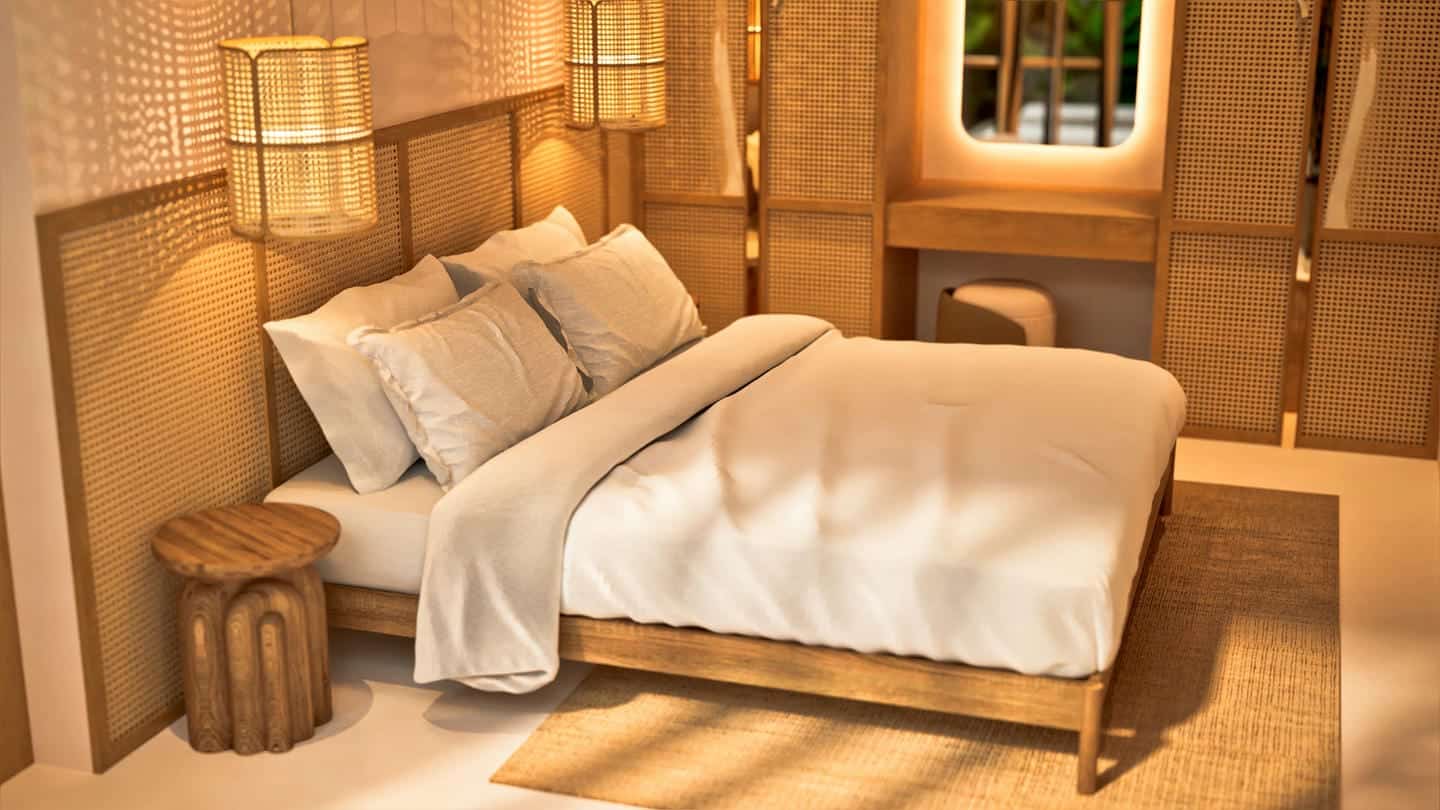 Cozy bedroom with wooden decor and beige bedding.