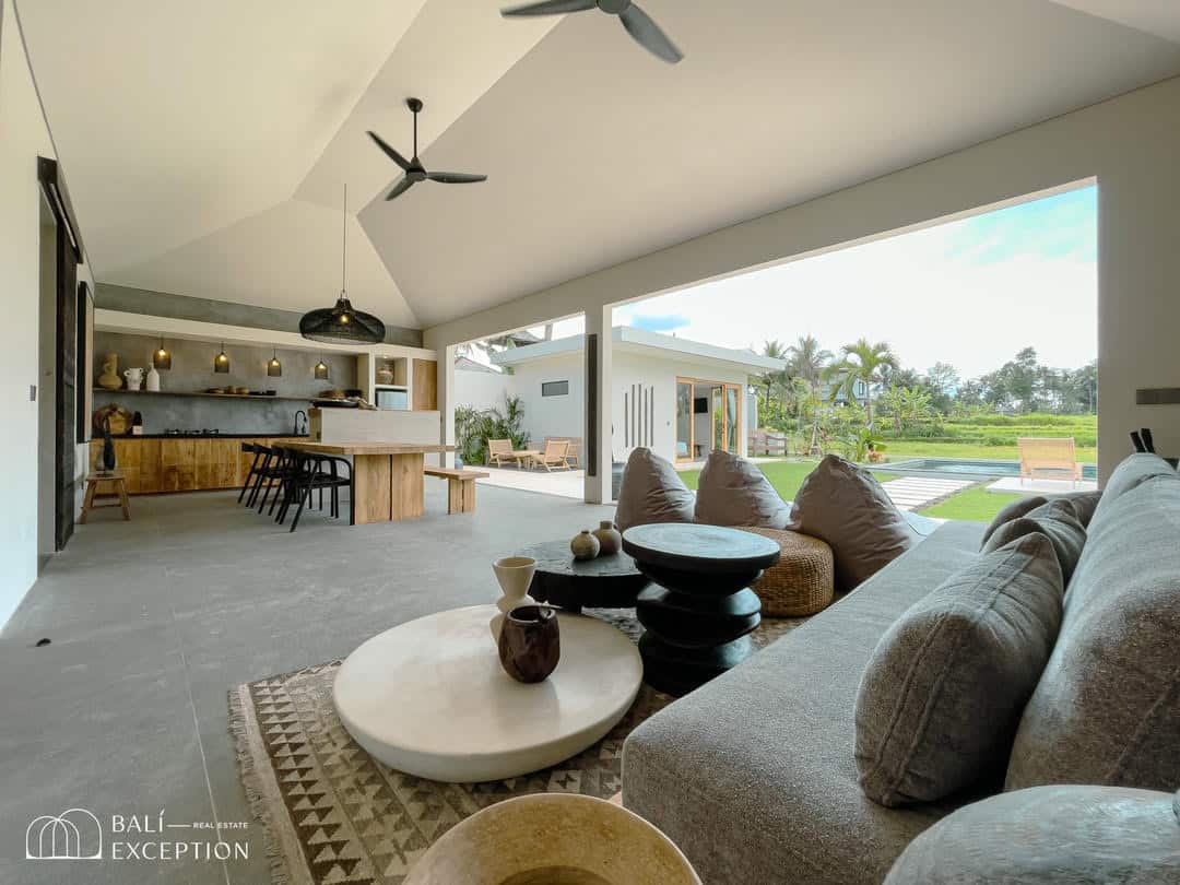 Modern villa with open living space and garden view.