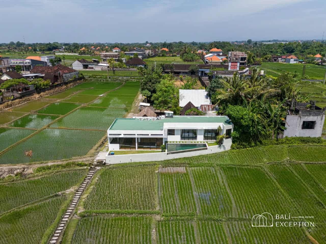 Modern villa surrounded by lush rice fields, Bali.