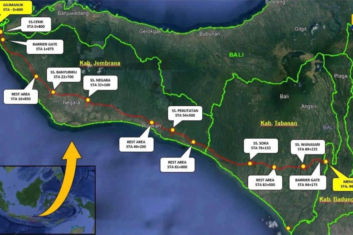 Map of Bali highway route with stops.