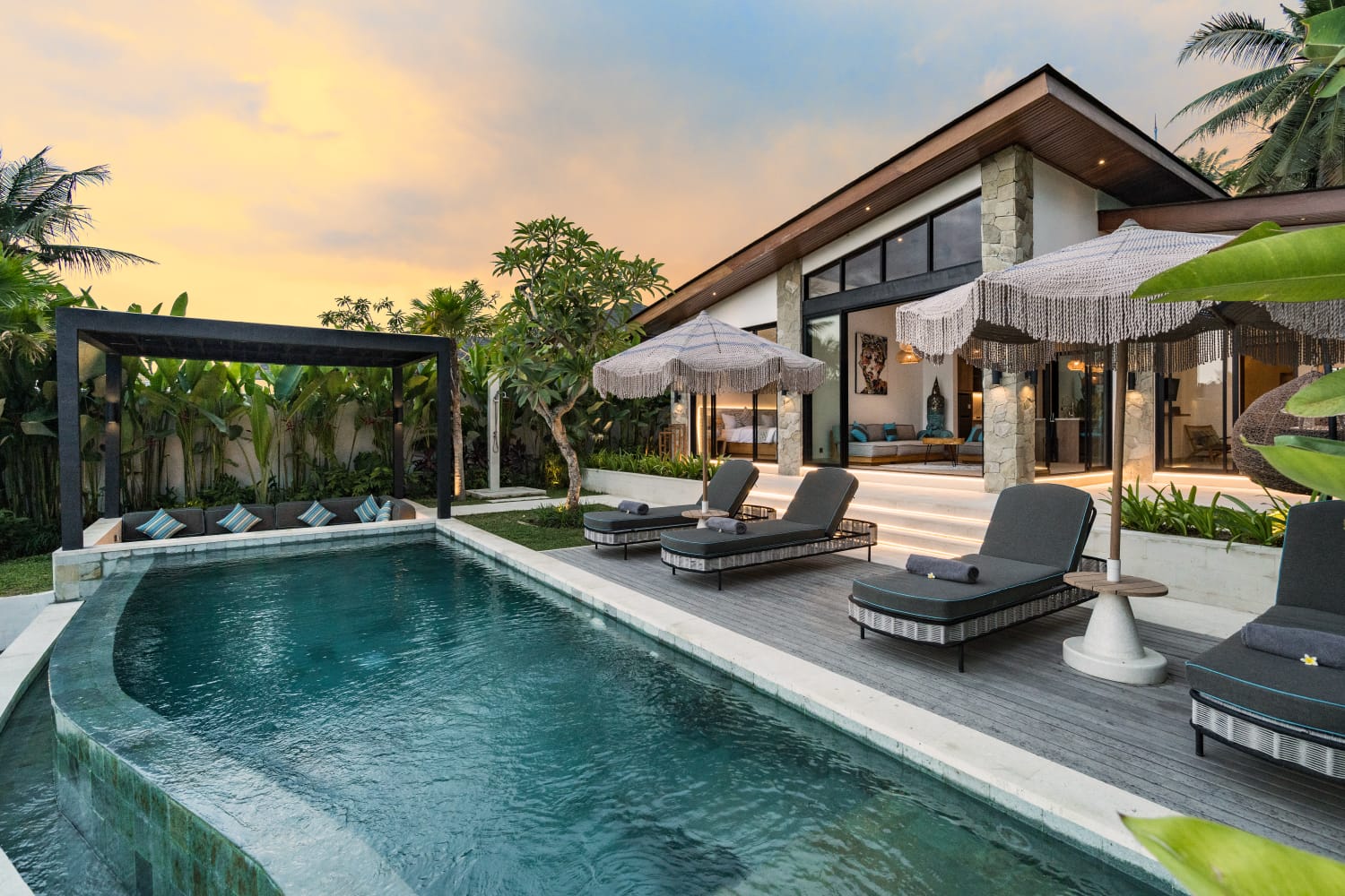 Luxury villa with pool and sun loungers