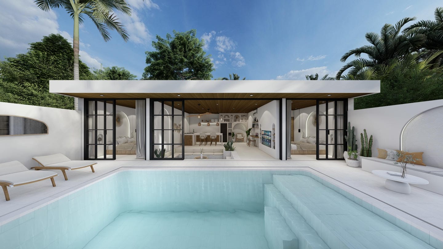 Modern villa with pool and tropical garden view