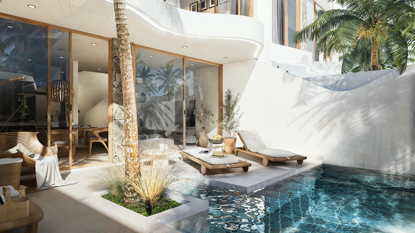 Luxury tropical villa with private pool and patio.