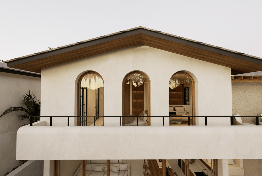 Modern house exterior with arched windows