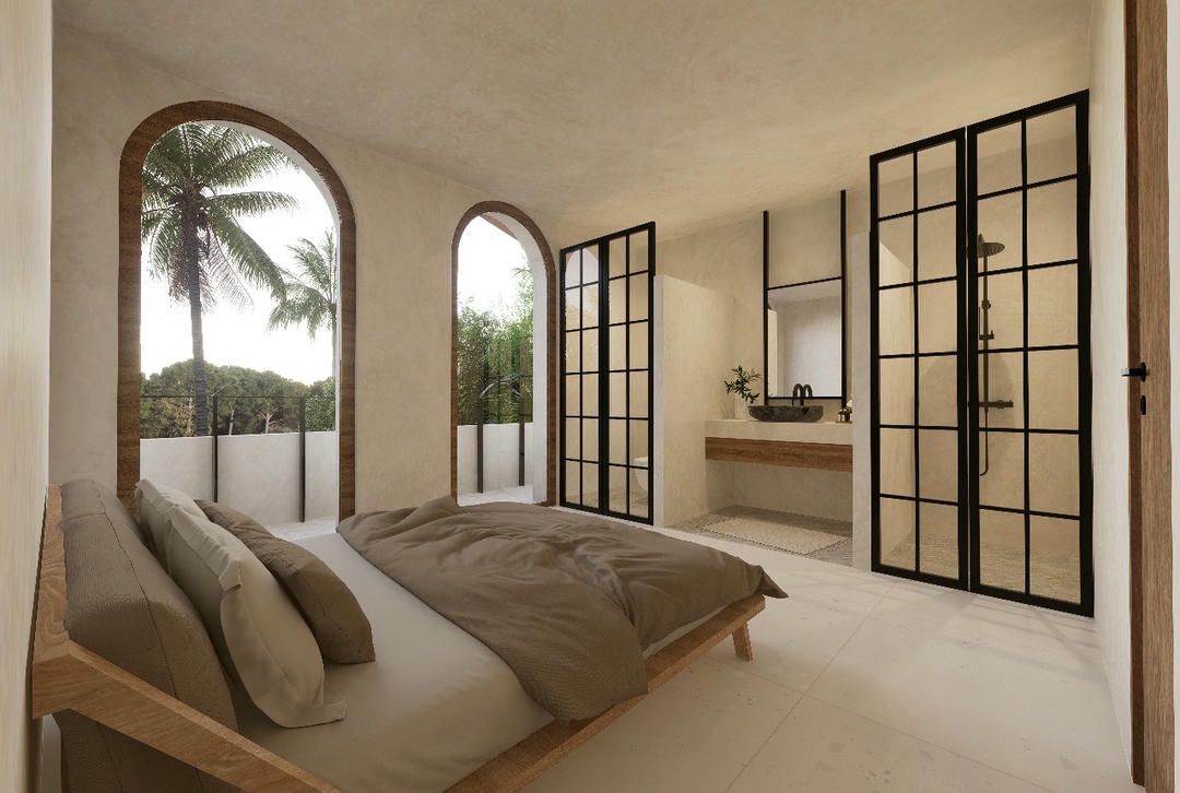 Minimalist bedroom with large windows and palm trees.