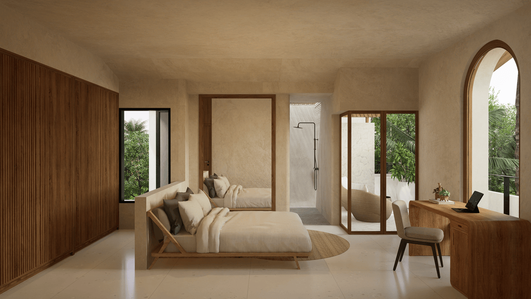 Modern bedroom with natural light and neutral colors.
