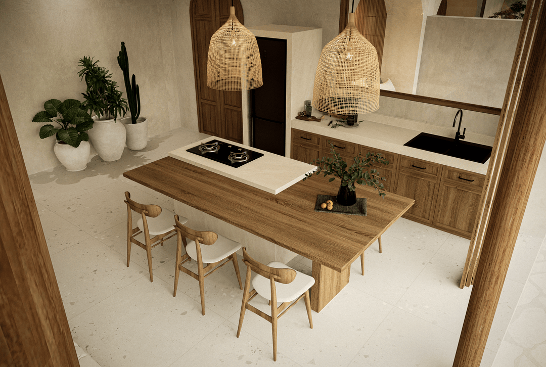Modern kitchen with wooden island and plants.