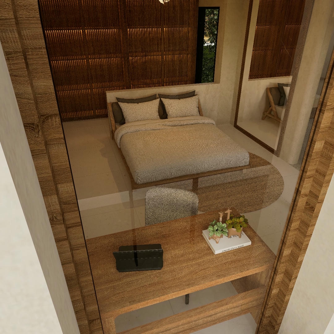 Modern bedroom with wooden decor and desk.