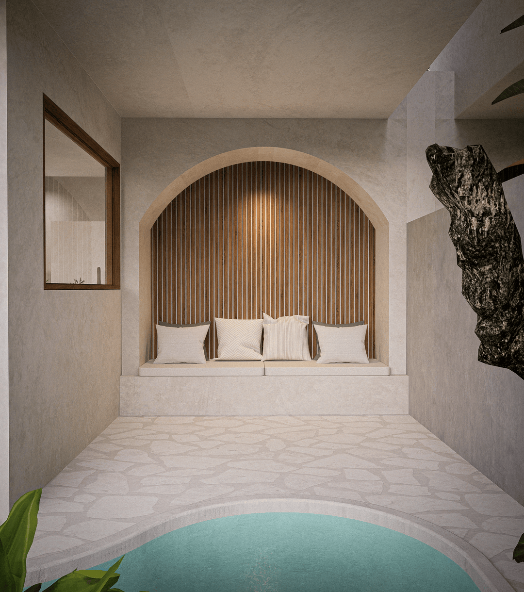 Modern indoor lounge with arched design and pool.