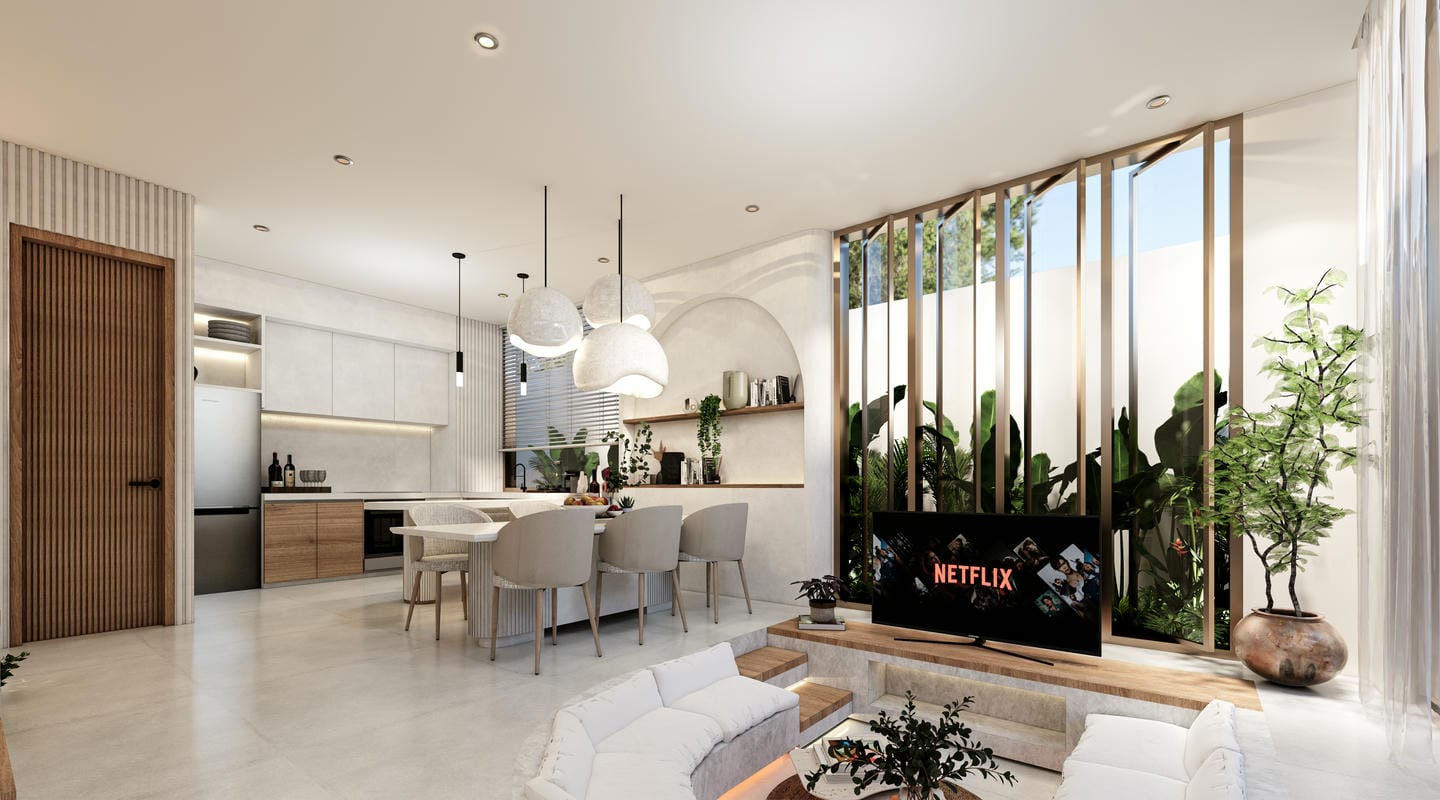 Modern living room with kitchen and Netflix TV