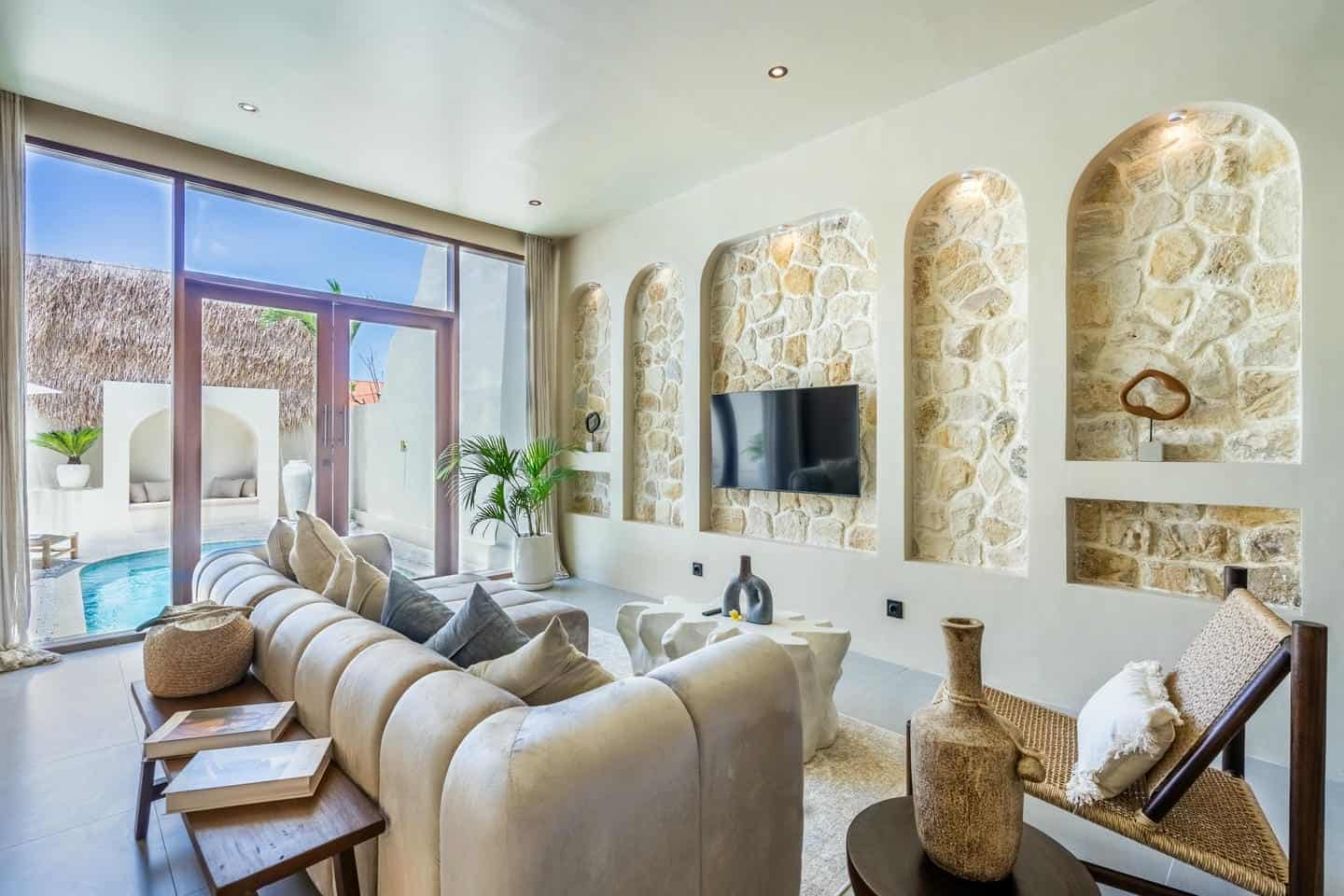 Luxurious living room with pool view