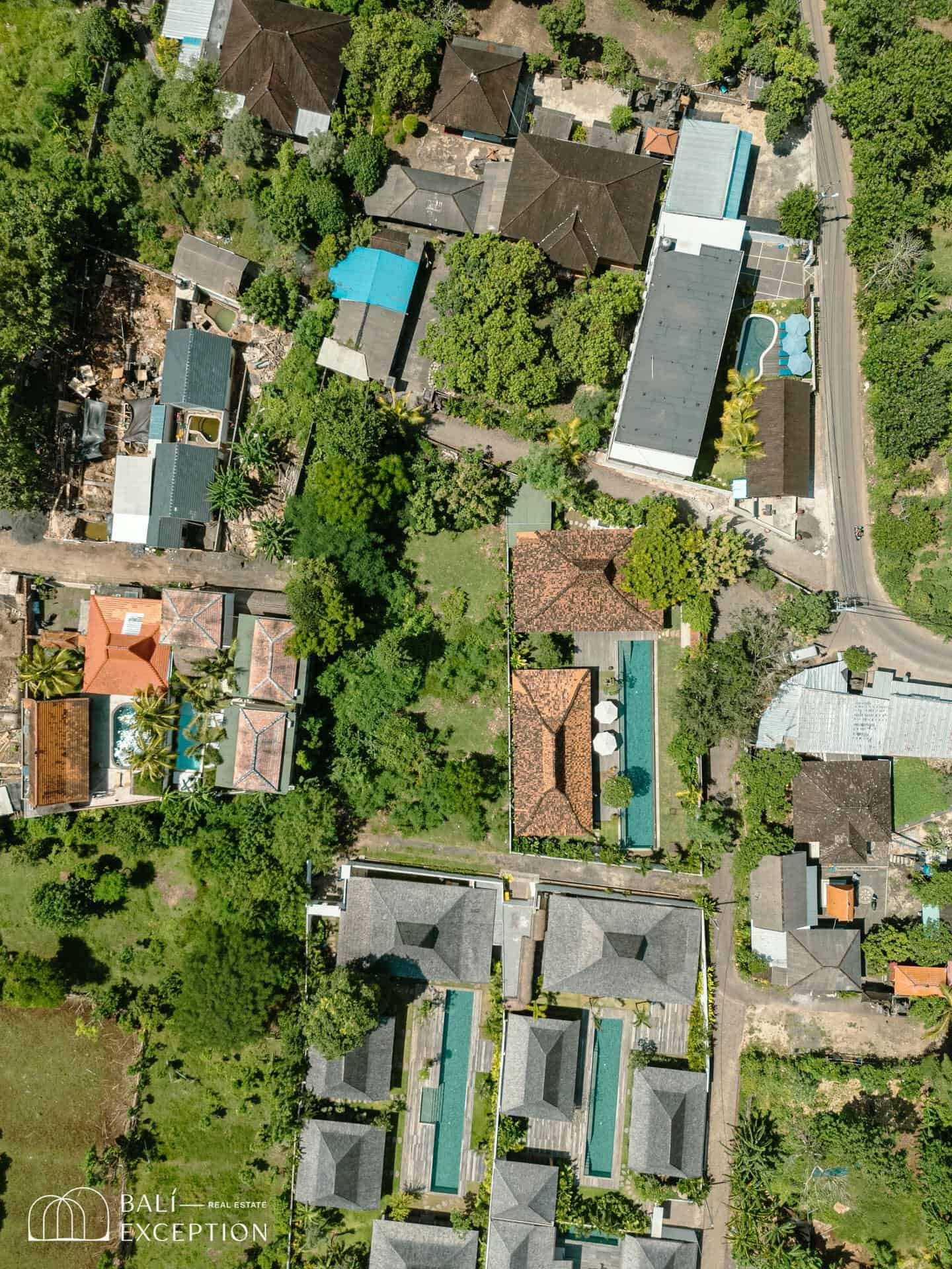 Aerial view of houses and greenery in Bali