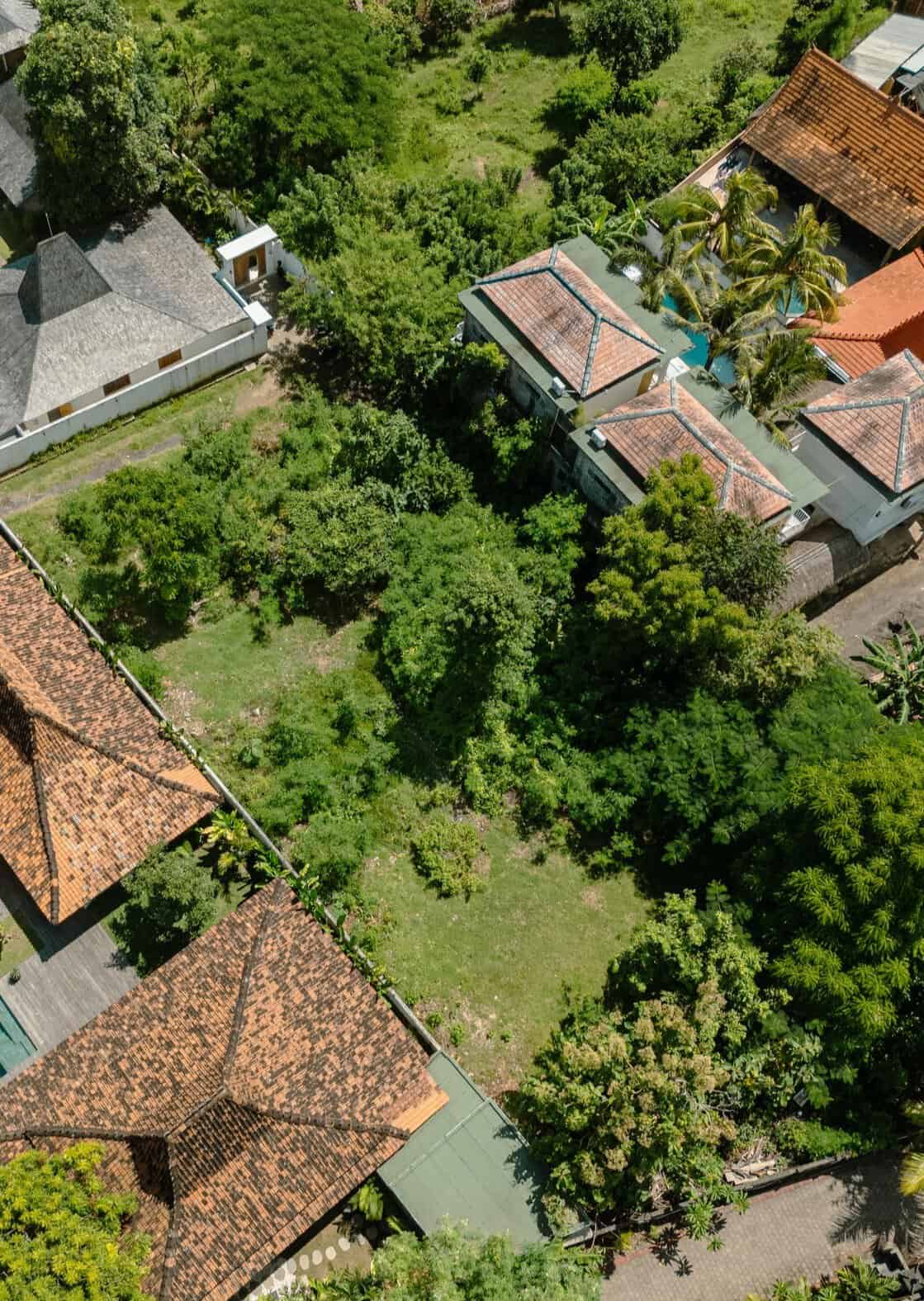Aerial view of houses and lush greenery.