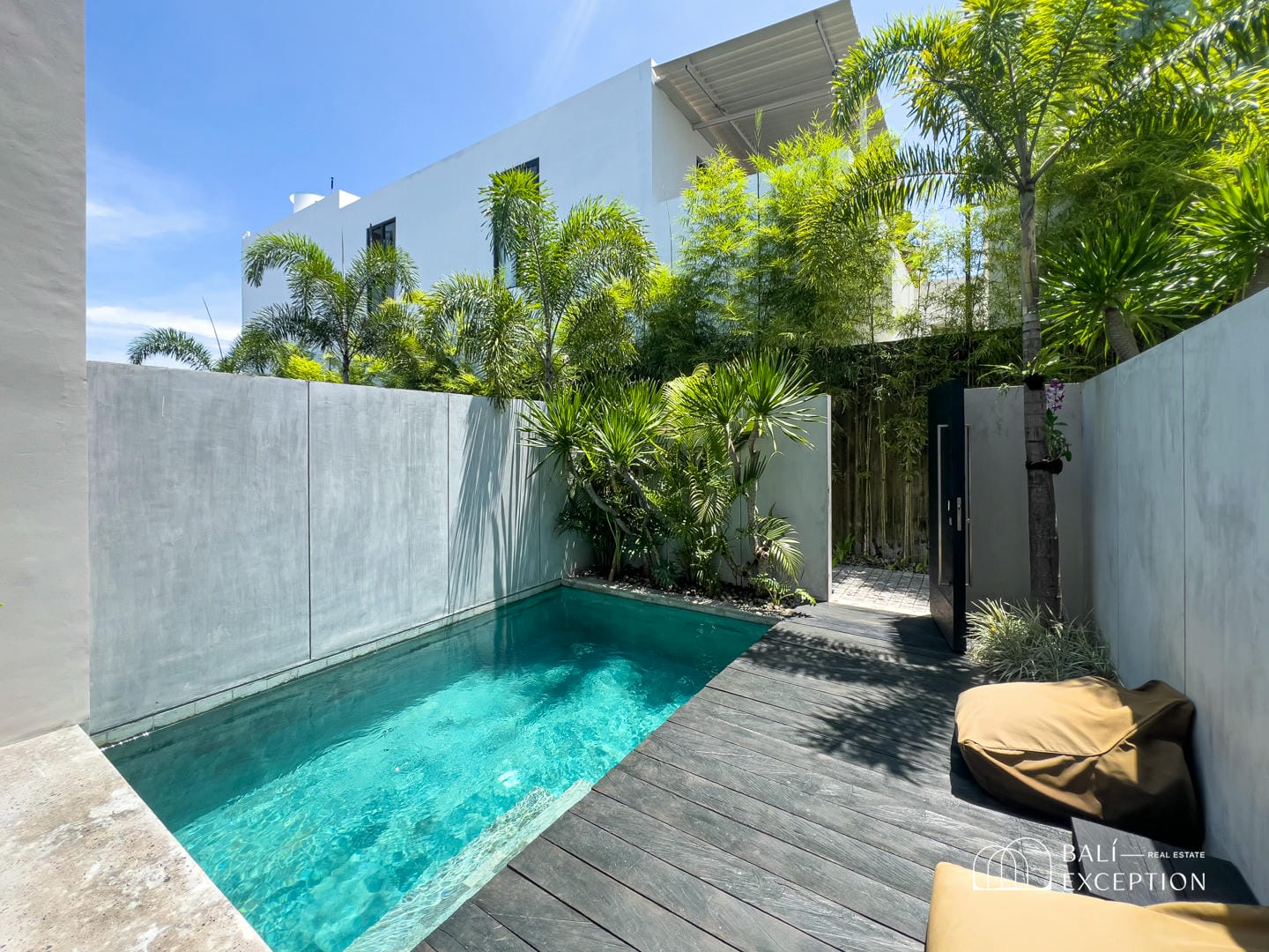 Modern villa with private pool surrounded by palm trees.