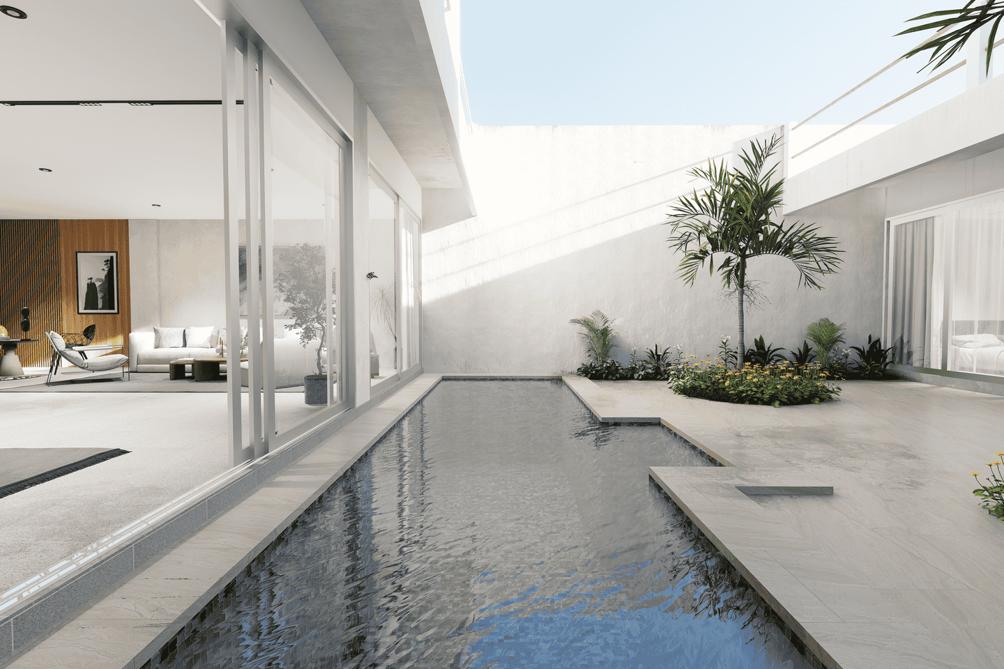 Modern courtyard with pool and palm trees