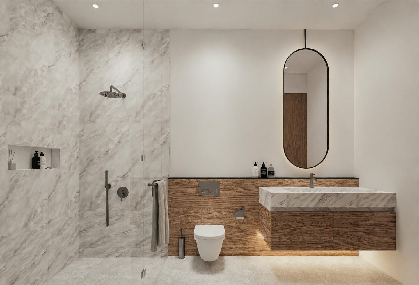 Modern bathroom with marble and wood design.