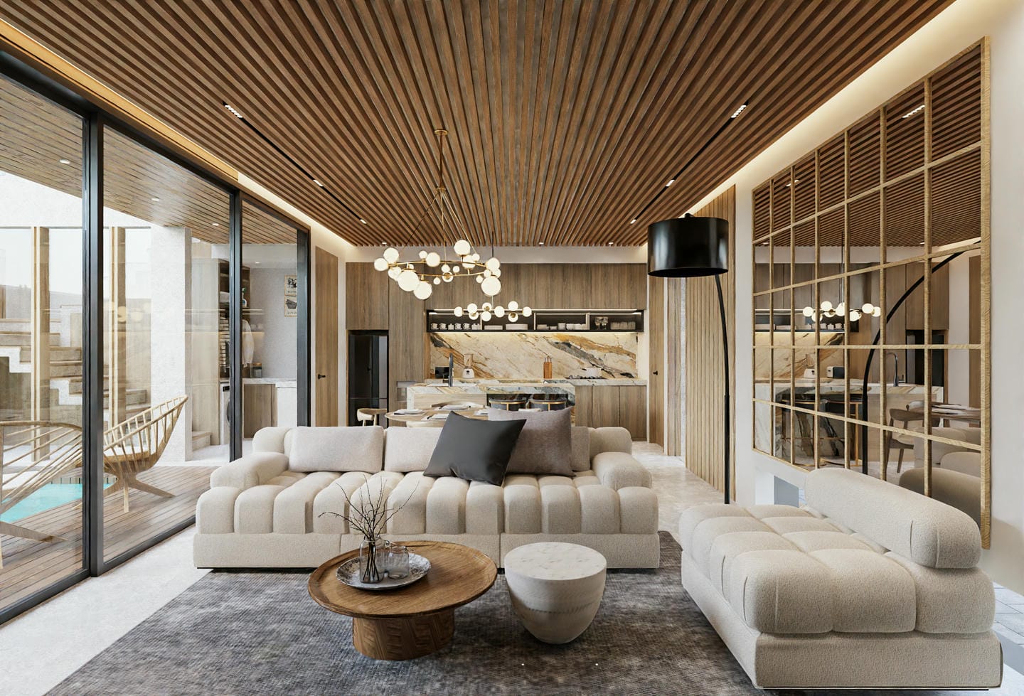 Modern living room with wooden ceiling and lighting.