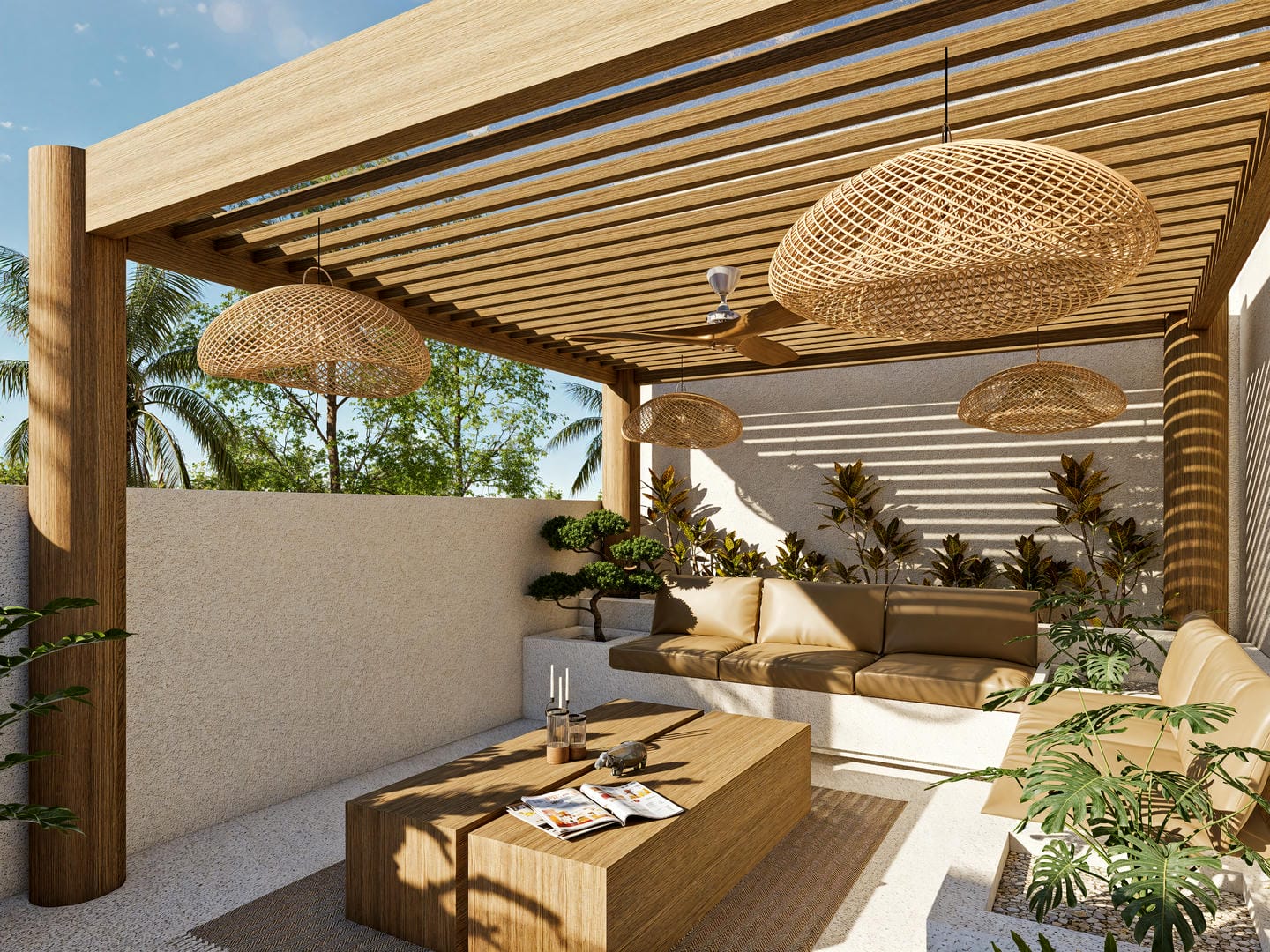 Outdoor patio with wooden pergola and seating area.