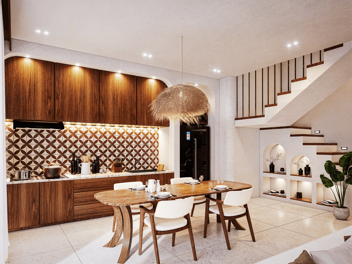 Modern kitchen with wooden cabinets and dining area.