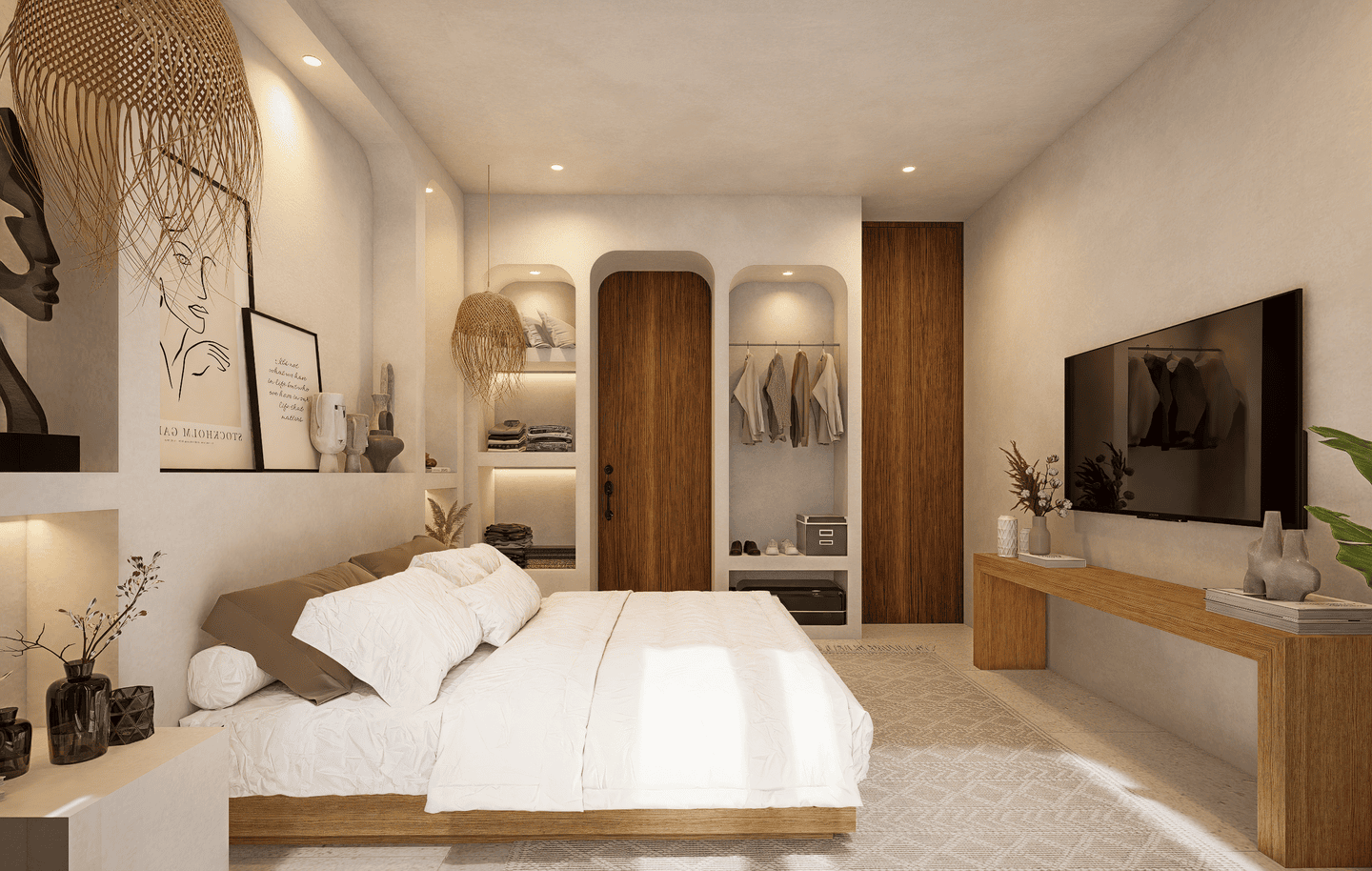 Modern minimalist bedroom with natural decor elements.