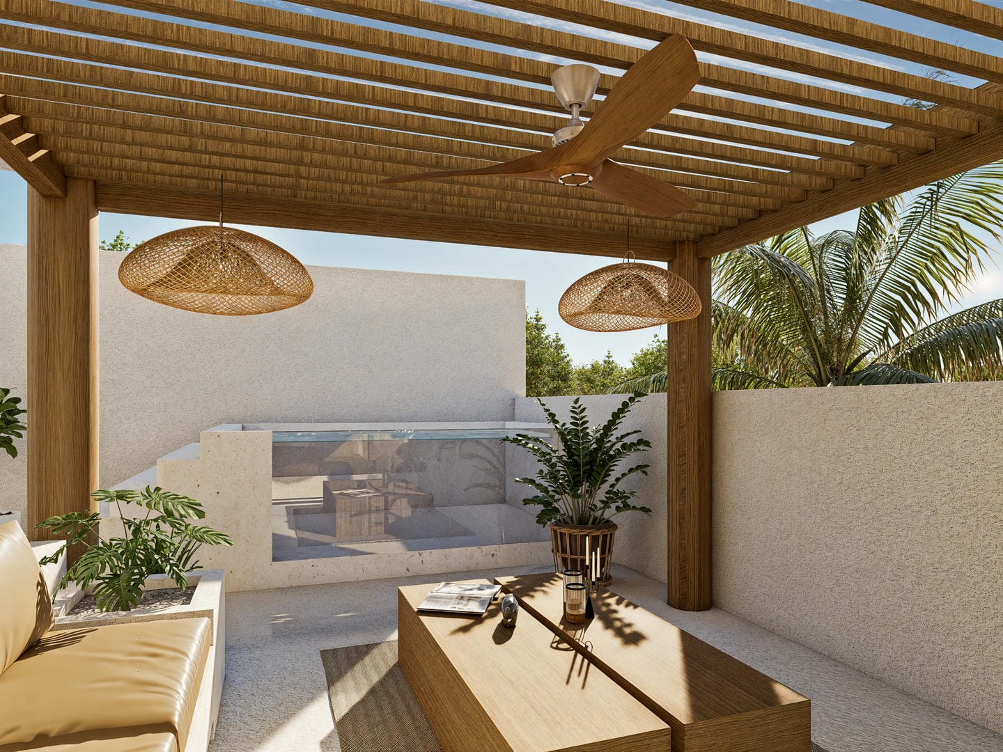 Modern outdoor patio with wooden pergola and seating.