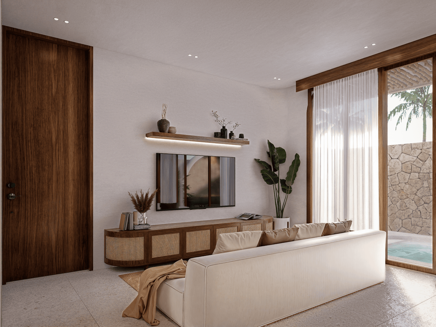 Modern living room with TV and large window.