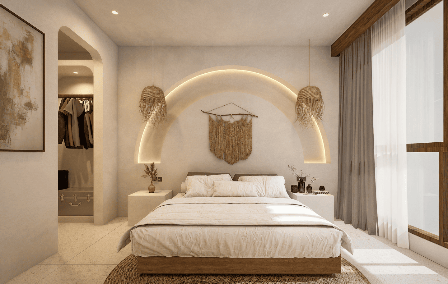 Modern bedroom with natural lighting and neutral decor.