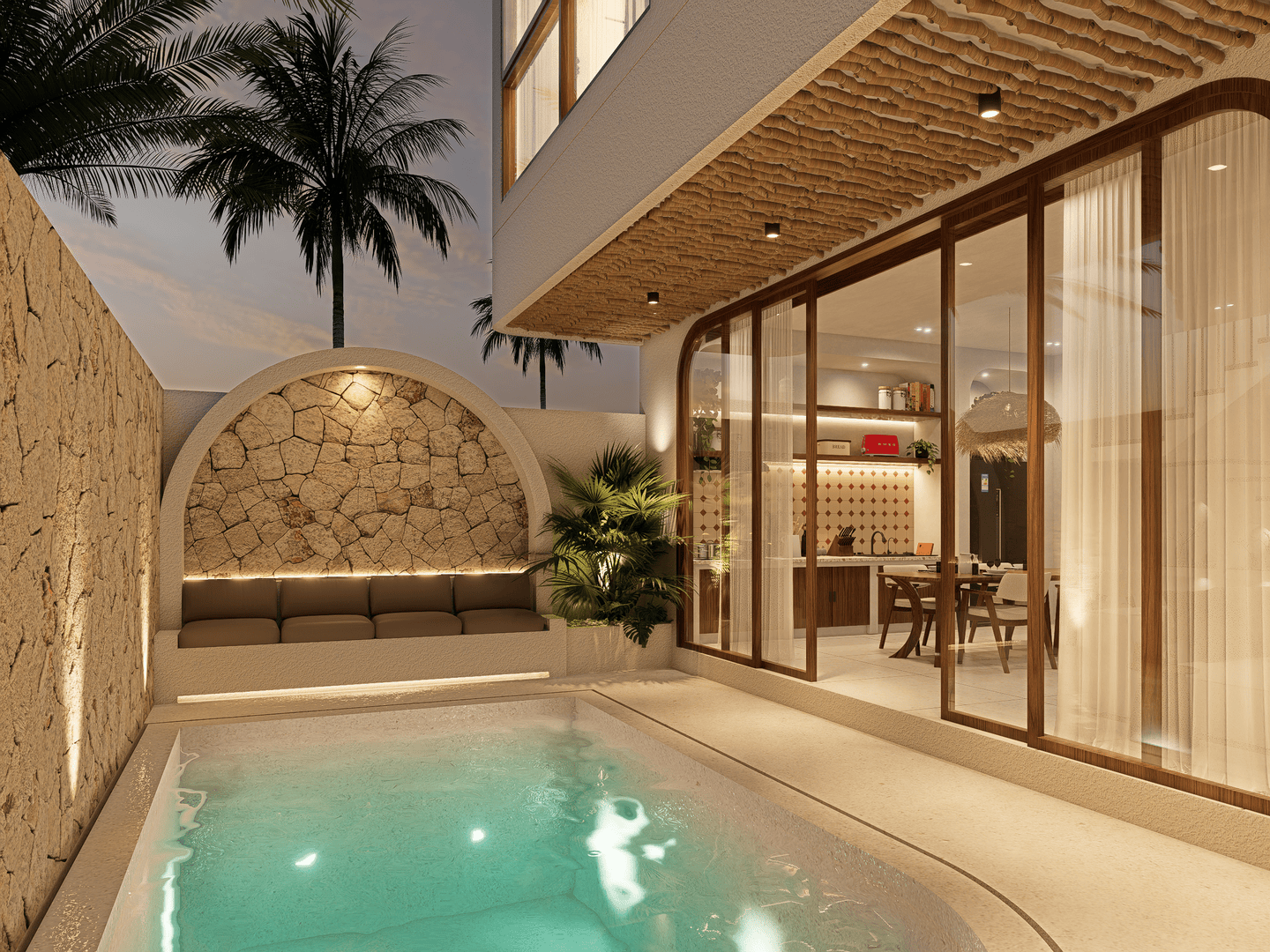 Modern patio with pool and seating area
