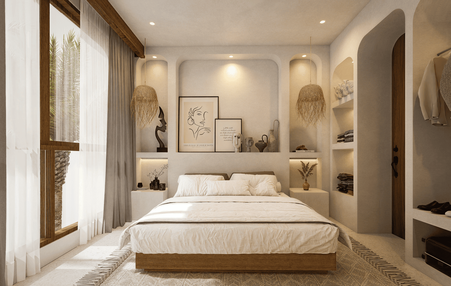 Modern bedroom with cozy decor and art pieces.