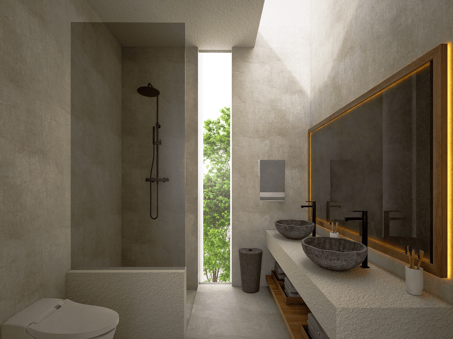 Modern bathroom with stone sink and shower